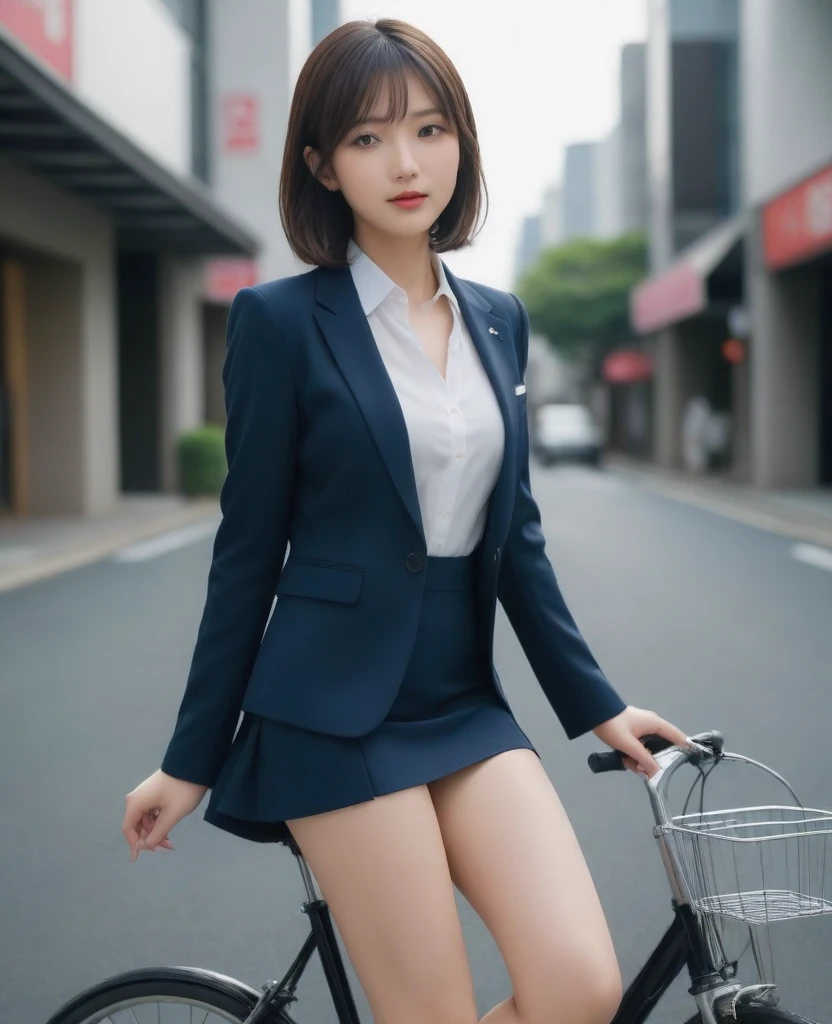 8k, photo realistic, Scores 9, 8, 7, 6, medium closeup, detailed, very sharp, vivid, solo, biking through Tokyo street, high heel, long legs, beautiful eyes, beautiful thighs, office suits, cycle basket, (((riding bicycle:1.5))), bicycle, short hair, exact front view, super low angle:1.5, going fast,  depth of field, beautiful breasts, slender,  the most beautiful woman, double eyelid, beautiful japanese woman, 25 yo, strong wind, slim beautiful legs, sexy pantie stocking, foot on pedal, hip on saddle, upskirt