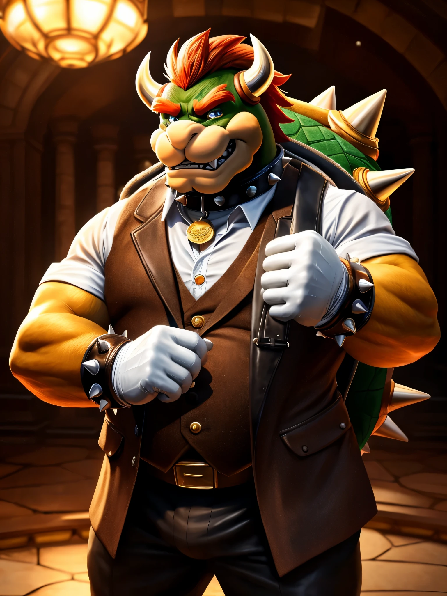 (high quality,4k,8k,highres,masterpiece:1.2),ultra-detailed,(realistic,photorealistic,photo-realistic:1.37), masterpiece,(intricate details), captivating artwork, artistically rendered, masterful strokes, attention to detail, tasteful composition, alluring charm, careful shading, great attention to anatomy, meticulous rendering, impeccable craftsmanship, vivid colors, perfect balance between realism and fantasy. Solo, Male, fat, extremely obese, gentleman, dapper Professor Bowser, blue eyes, (posing:1.3), (soft shading), 4k, hi res, ((detailed face, detailed)), looking at viewer, mouth wide open, steampunk, collared shirt with buttons, top hat, male focus, Explorer Outfit, glasses, monocle, bag, vest with buttons, backpack, sleeves rolled up, round eyewear, brown headwear, brown vest, Bowser is wearing a glossy leather dog collar around the neck, Bowser is wearing the leather collar and shirt and vest at the same time, Bowser is wearing glossy white rubber gloves on the hands, wearing white rubber gloves on the feet, gloves are rubber in texture, clenching teeth, clenching fists, leather collar is glossy and shiny with a lot of detail, Bowser is wearing gloves and leather collar at the same time, leather collar has a round dog-tag, leather collar is thick and detailed.