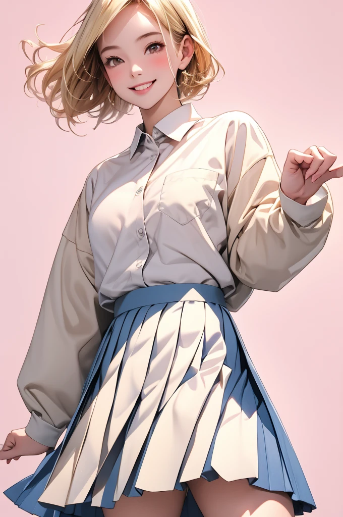 high resolution,smile,happy,light smile,woman,woman1人,adult,Clear,cute,
Blonde Hair,BREAK, Brown eyes,BREAK,
high school girl,uniform,White shirt,Long sleeve Y-shirt,BREAK,
Navy Blue Skirt,Pleated skirt,BREAK,hairpin,
Facing forward,BREAK,Pink background,