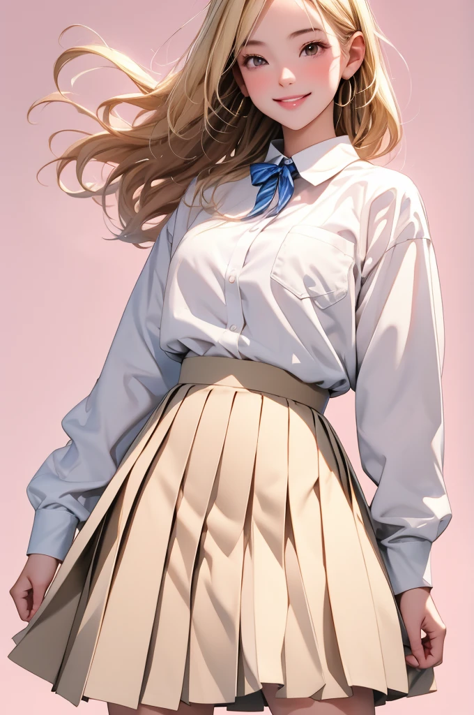 high resolution,smile,happy,light smile,woman,woman1人,adult,Clear,cute,
Blonde Hair,BREAK, Brown eyes,BREAK,
high school girl,uniform,White shirt,Long sleeve Y-shirt,BREAK,
Navy Blue Skirt,Pleated skirt,BREAK,hairpin,
Facing forward,BREAK,Pink background,