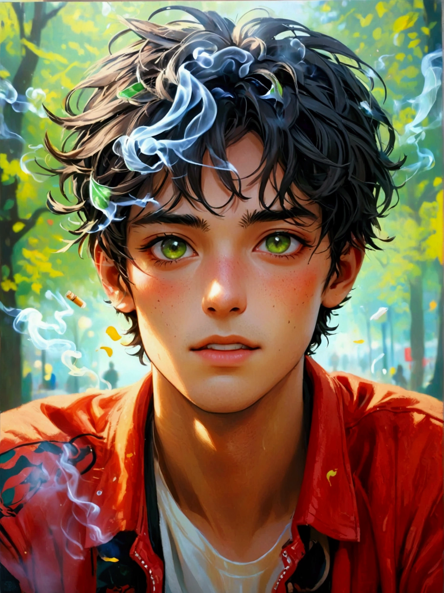(poster), (The picture is divided into two parts, left and right), Showing contrasting lifestyles, (The left side shows a photo of a handsome man full of energy and vitality jogging in a lush green park), Symbolizes positivity, The warmth of a smoke-free lifestyle, Happy and healthy, (The right side shows a pale face, Photos of sickly girl, sitting alone, cigarette in his hand, The background is a gloomy and gloomy city), Symbolizes the gloom and adverse effects of smoking, UHD, masterpiece, accurate, anatomically correct, textured skin, super detail, best quality, 8k