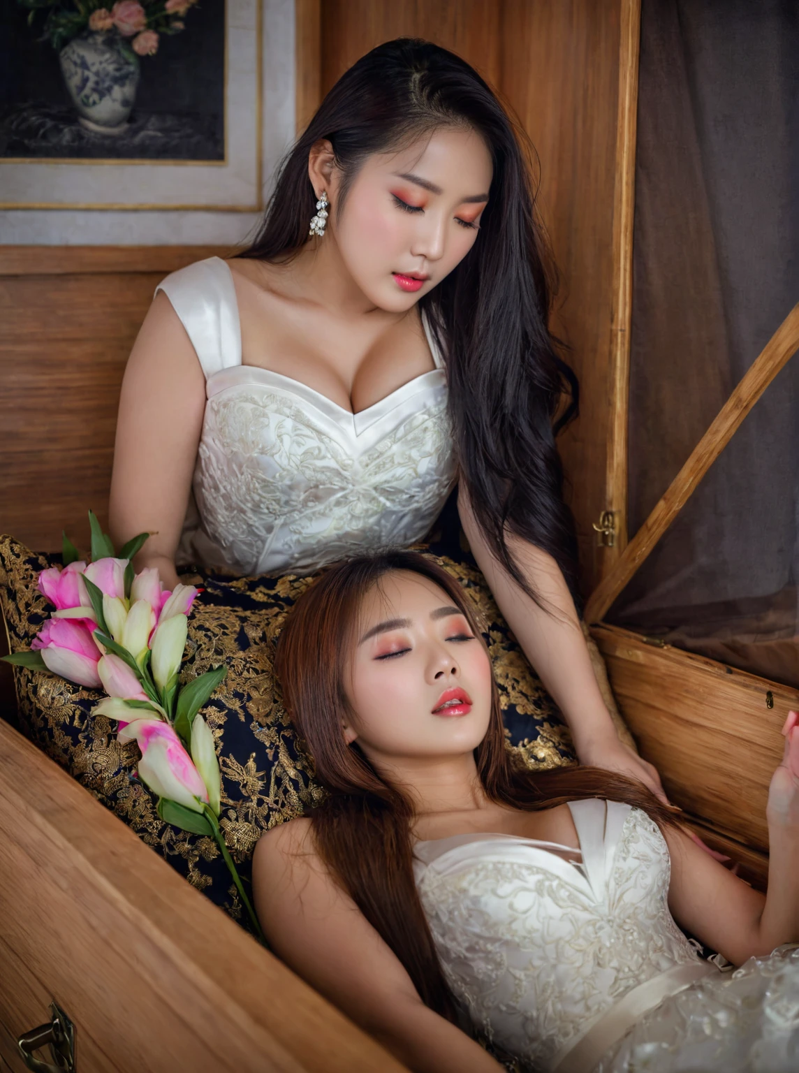 In a striking 8K HDR scene, a stunning Korean woman, 22 years old, lies peacefully in a coffin and coffin cover surrounded by plush pillows. The deep box is set against a rich black background, accentuating the beauty of the subject. Her exquisite deep-V neckline kebaya attire is embroidered with superb detail, showcasing her round and firm breasts, perfect cleavage, and beautiful eyebrows. Her closed eyes and mouth give an air of serenity, while her visible and absolute cleavage leave nothing to imagination. The scene is bathed in saturated colors, highlighting every intricate aspect from the ball skirt to her clean face, straight body, detailed hand perfect hands, straight body, own hands together, own hand on stomach, detailed hands, perfect hands, holding the flowers.