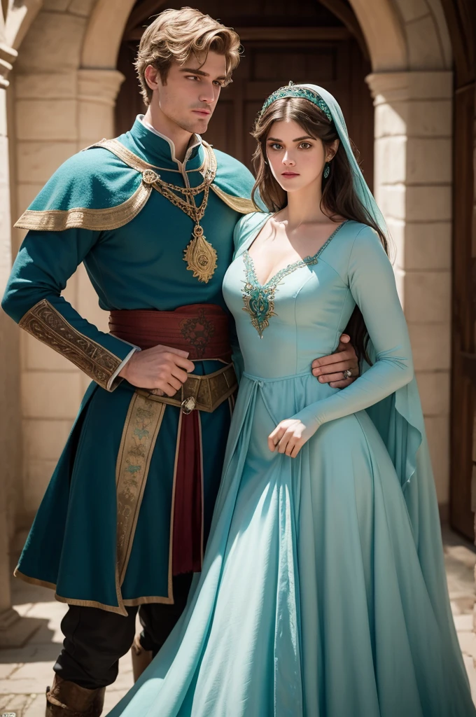 Create Alexandra Daddario in a beautiful light blue medieval dress danced with Jacob Elordi in green medieval clothing