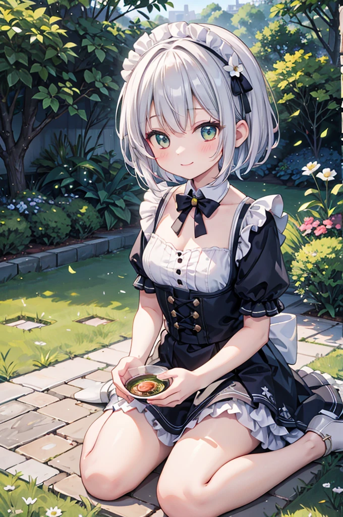 anime style, super fine illustration, highly detailed, dynamic angle, beautiful detailed, 8k, Summer afternoon in the garden, BREAK a girl present green tea for viewer with smile.BREAK A rainbow appears in the sky.BREAK maid,white cat years,girl,short hair,