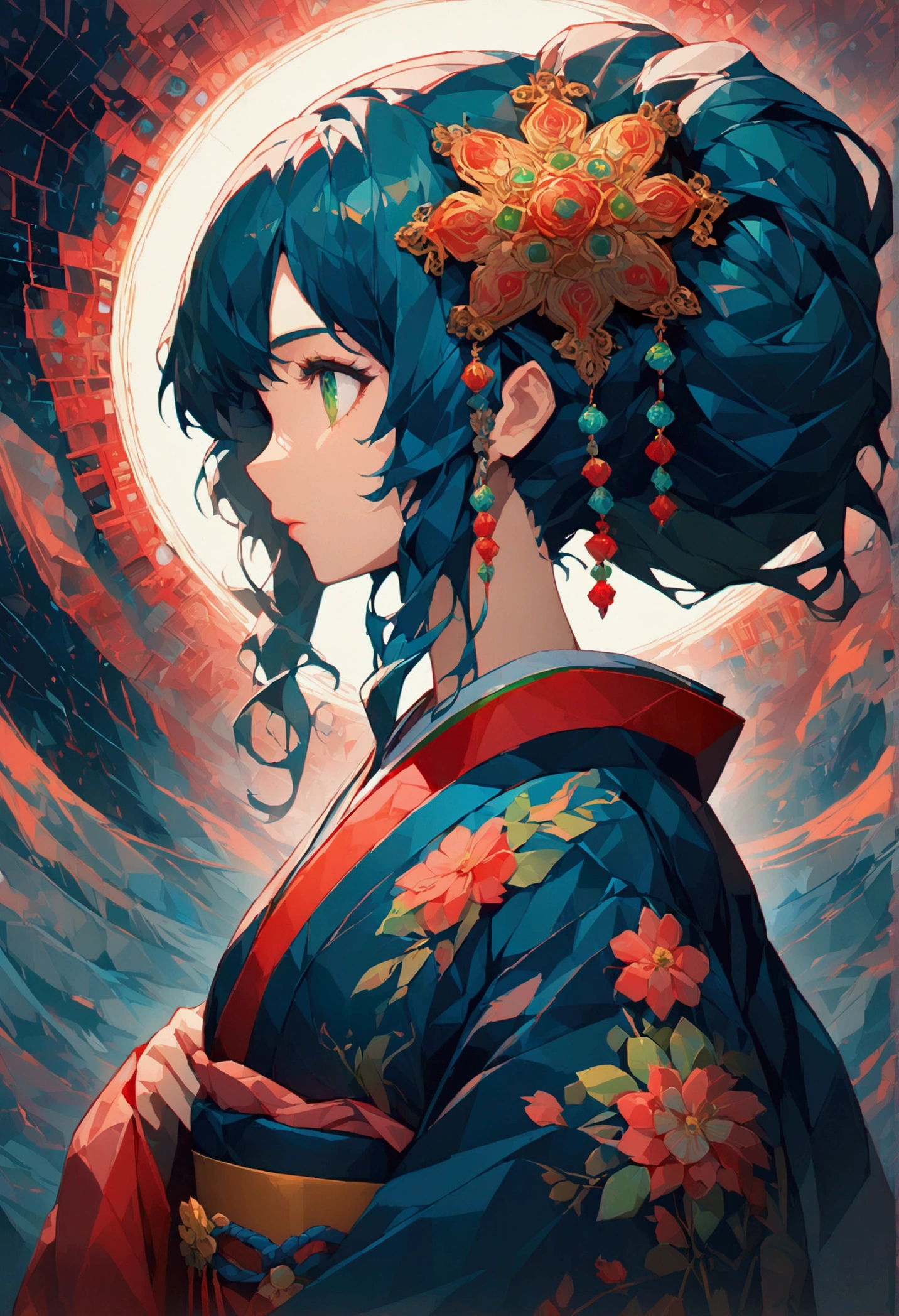 masterpiece, (beautifully、aesthetic:1.5), Surrealism, Very detailed, anime, A profile picture of a girl, wear Kimono, Her hair was adorned with beautiful ornaments, Long Hair, Green Eyes, Red and navy blue color palette, Hard brush, Binary Code Effect, Minimalist low poly collage illustration, Painting effect, Dark ink, saturated color, Hypercube, Pixel Sorting, A magnificent composition, Epic proportions, Dynamic Lighting, High resolution