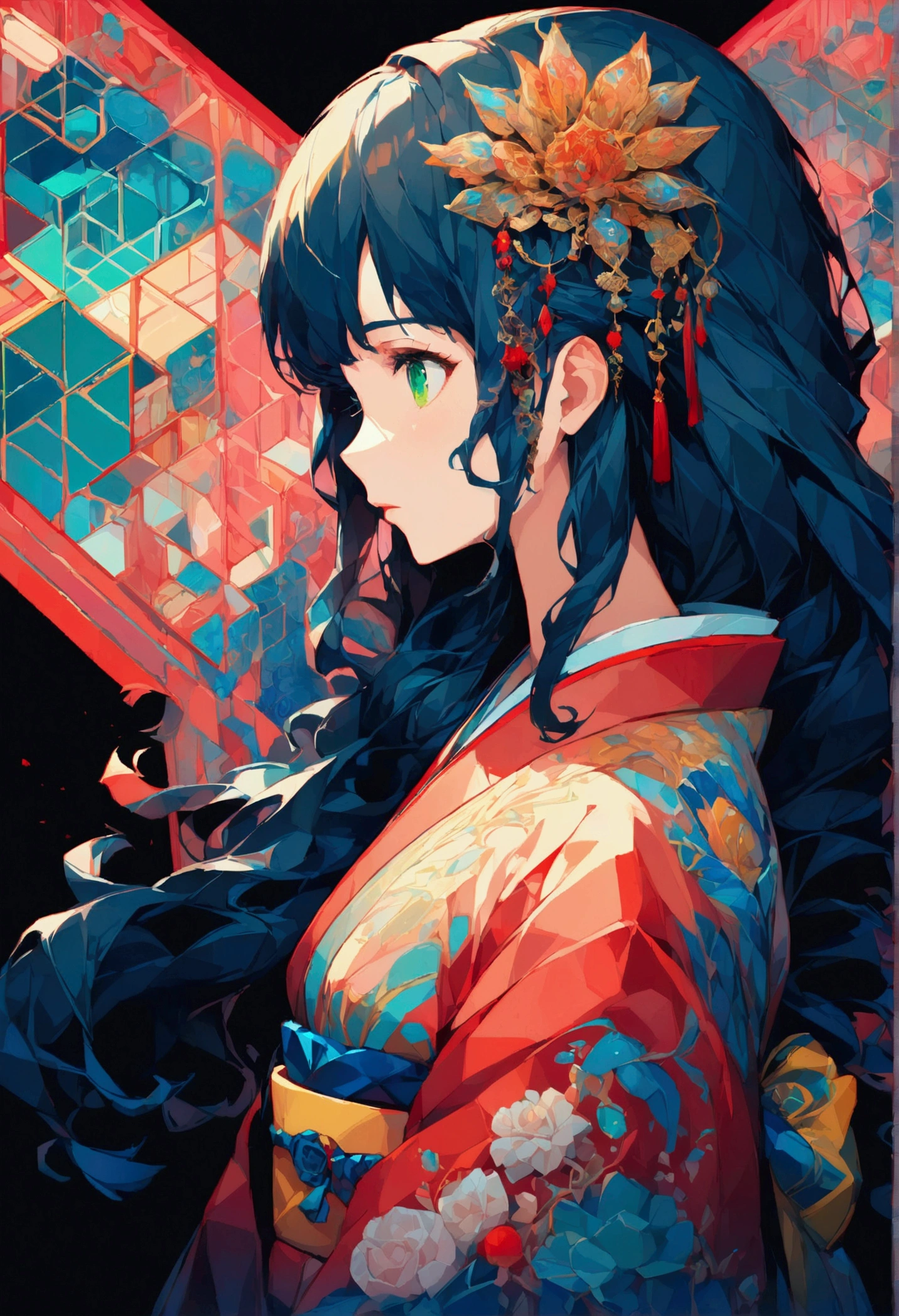 masterpiece, (beautifully、aesthetic:1.5), Surrealism, Very detailed, anime, A profile picture of a girl, wear Kimono, Her hair was adorned with beautiful ornaments, Long Hair, Green Eyes, Red and navy blue color palette, Hard brush, Binary Code Effect, Minimalist low poly collage illustration, Painting effect, Dark ink, saturated color, Hypercube, Pixel Sorting, A magnificent composition, Epic proportions, Dynamic Lighting, High resolution
