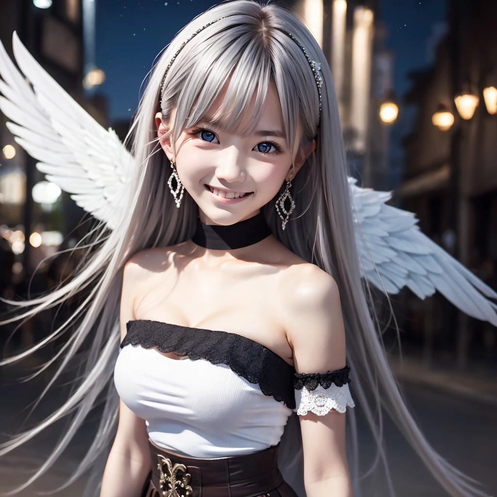 (Realistic painting style:0.9), masterpiece, best quality, Ridiculous, looking at the audience, alone, Bronya Zajczyk (silver wing n-ex), Bronya Zajczyk, Red pupils, 1 girl, alone, breast, long hair, skirt, gray hair, Cleavage, looking at the audience, Smile, Keep your mouth shut, Bangs, Gray eyes, jewelry, 單Gloves, earrings, white skirt, Gloves, Bare shoulders, Sleeveless skirt, drill hair, Sleeveless, single sleeve, Hair between the eyes, large breast, double diamond, White sleeves, hair accessories, single shoulder armor, City, night