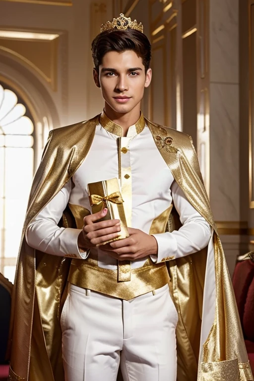  Young cute handsome man attends mister of beauty beautiful face skinny white suit and gold cape winner of crown the public applauds him and celebrates they give him a gift 