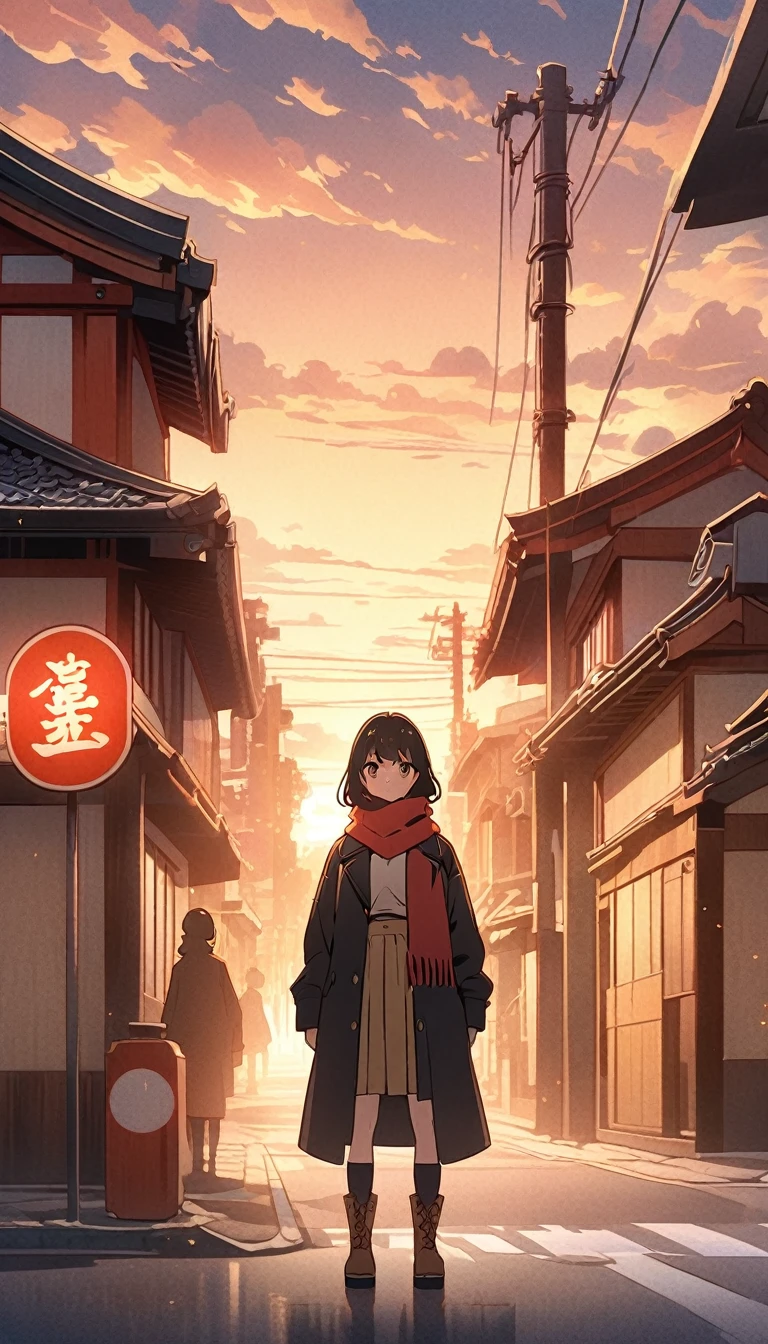 anime style, artistic illustration, urban landscape, street scene, sunset, female character, standing, red scarf, coat, skirt, boots, secondary character, distant, black coat, warm tones, orange and yellow colors, calm, mood, Japanese architecture, utility poles, street signs, clouds, twilight