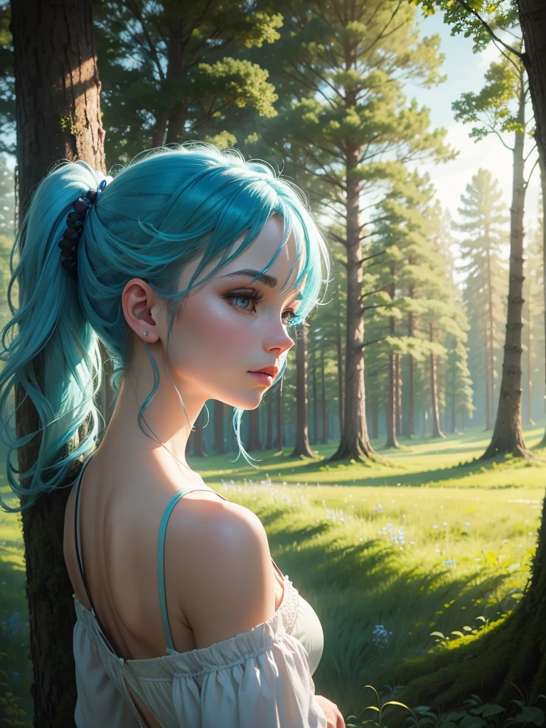 solo, solo focus, beautiful scene, meadows, in a magical forest, divine lighting, enchanted atmosphere, 
solo, solo focus, blue hair, pastel blue hair, mouth closed, side profile, hair up, ponytail,  wild nature oil painting, clear line, image resolution 1024px