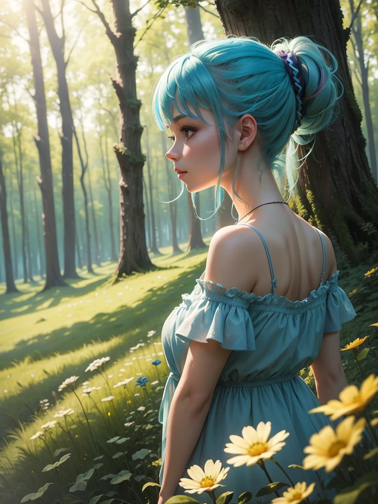 solo, solo focus, beautiful scene, meadows, in a magical forest, divine lighting, enchanted atmosphere,
solo, solo focus, blue hair, pastel blue hair, mouth closed, side profile, hair up, ponytail, wild nature oil painting, clear line, image resolution 1024px