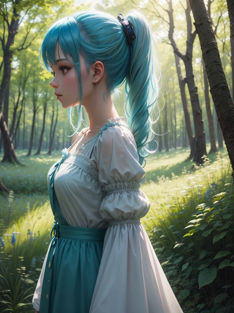 solo, solo focus, beautiful scene, meadows, in a magical forest, divine lighting, enchanted atmosphere, 
solo, solo focus, blue hair, pastel blue hair, mouth closed, side profile, hair up, ponytail,  wild nature oil painting, clear line, image resolution 1024px