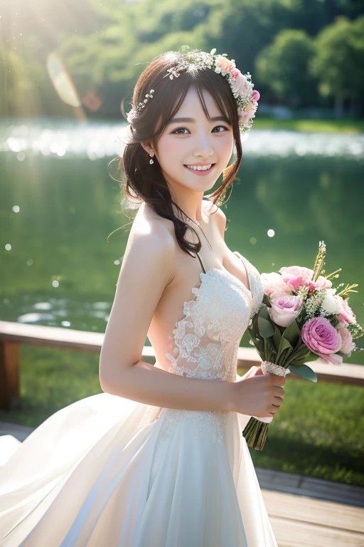 A girl smiling in a sexy wedding dress, Japanese women。Beautiful breasts。
Textured skin, Flower storm、Front blur, Hair Flower, Lens flare, Sparkle Effect, reflected light, Lakeside。
Bouncing