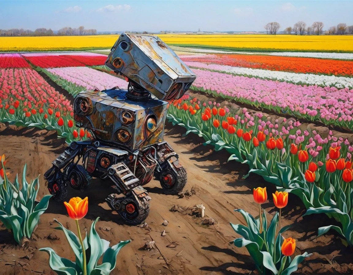 masterpiece, Highest quality, ((Beautiful and detailed))、Decayed robot and tulip fields、