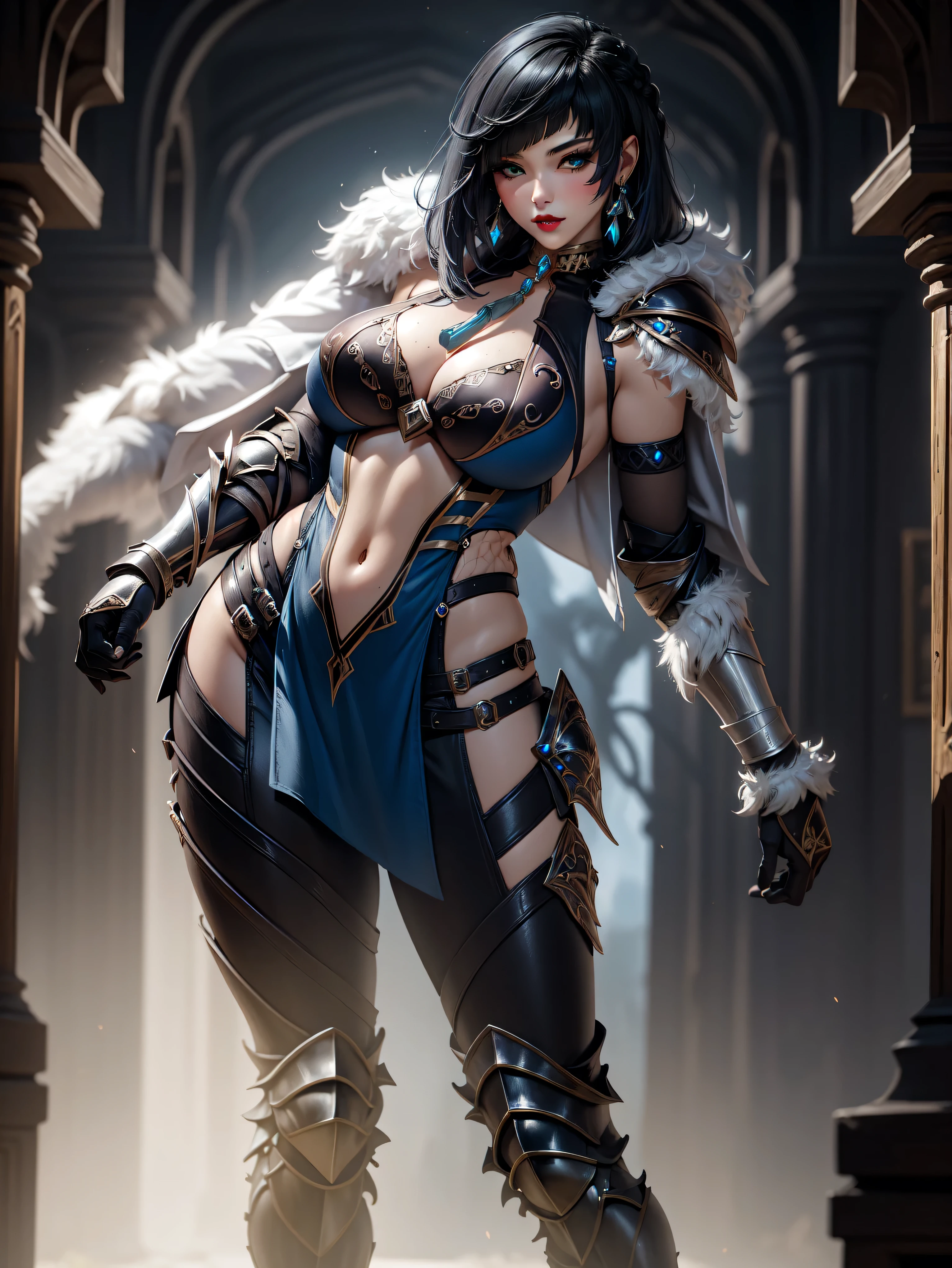 1female, (night), blush, large breasts, erotic pose, red lip, pretty face, elegant, masterpiece, ultra detail, jewellery, eyeliner, (dark forest), (sexy armor:1.8), (fantasy vibes:1.5), navel,