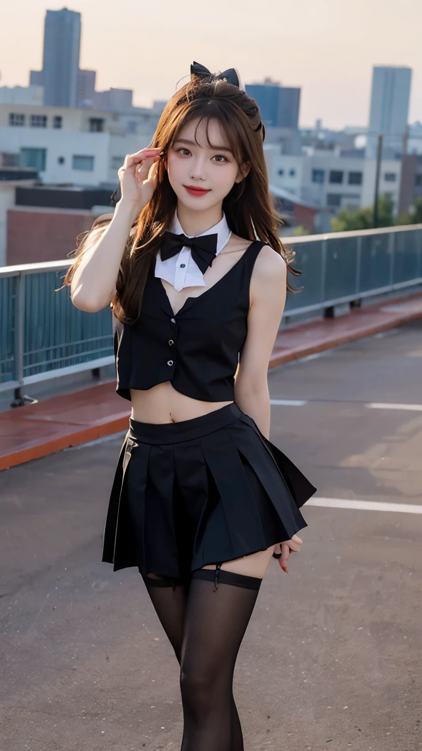 Best quality， Ultra-high resolution， Face Focus（truly：1.6），Cute hairpin，Baoyu girl，1 Girl, Beautiful slim woman:1.4, Abdominal muscles:1.2, (Brown hair,Medium breasts:1.4), shirt:1.1, Rooftop（Depth of Field：16）,Rooftop,Red sunset,Ultra-thin face，Exquisite eyes，Double eyelids，Smile，whole body，Thin legs，Long legs，Standing，Dance moves，Slender legs，I can see your thighs，白色shirt，Bow tie，JK Skirt，Collar（1.8），Black translucent stockings（1.6）