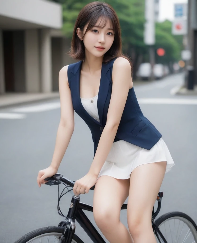 8k, photo realistic, Scores 9, 8, 7, 6, medium closeup, detailed, very sharp, vivid, solo, biking through Tokyo street, high heel, long legs, beautiful eyes, beautiful thighs, office suits, micro mini skirt, cycle basket, (((riding bicycle:1.5))), bicycle, short hair, exact front view, super low angle:1.5, going fast,  depth of field, beautiful breasts, slender,  the most beautiful woman, double eyelid, beautiful japanese woman, 25 yo, strong wind, slim beautiful legs, sexy pantie stocking, foot on pedal, hip on saddle, upskirt