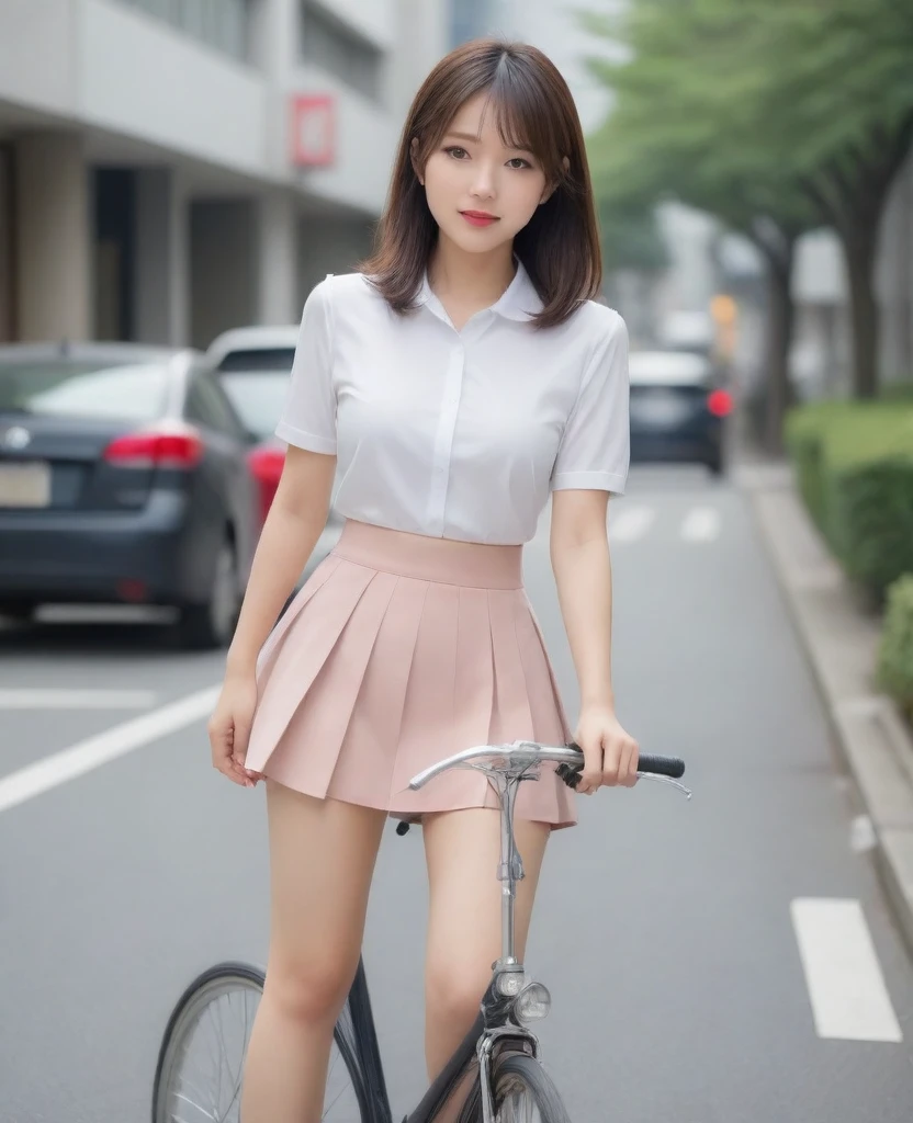 8k, photo realistic, Scores 9, 8, 7, 6, medium closeup, detailed, very sharp, vivid, solo, biking through Tokyo street, high heel, long legs, beautiful eyes, beautiful thighs, office suits, micro mini skirt, cycle basket, (((riding bicycle:1.5))), bicycle, short hair, exact front view, super low angle:1.5, going fast,  depth of field, beautiful breasts, slender,  the most beautiful woman, double eyelid, beautiful japanese woman, 25 yo, strong wind, slim beautiful legs, sexy pantie stocking, foot on pedal, hip on saddle, upskirt