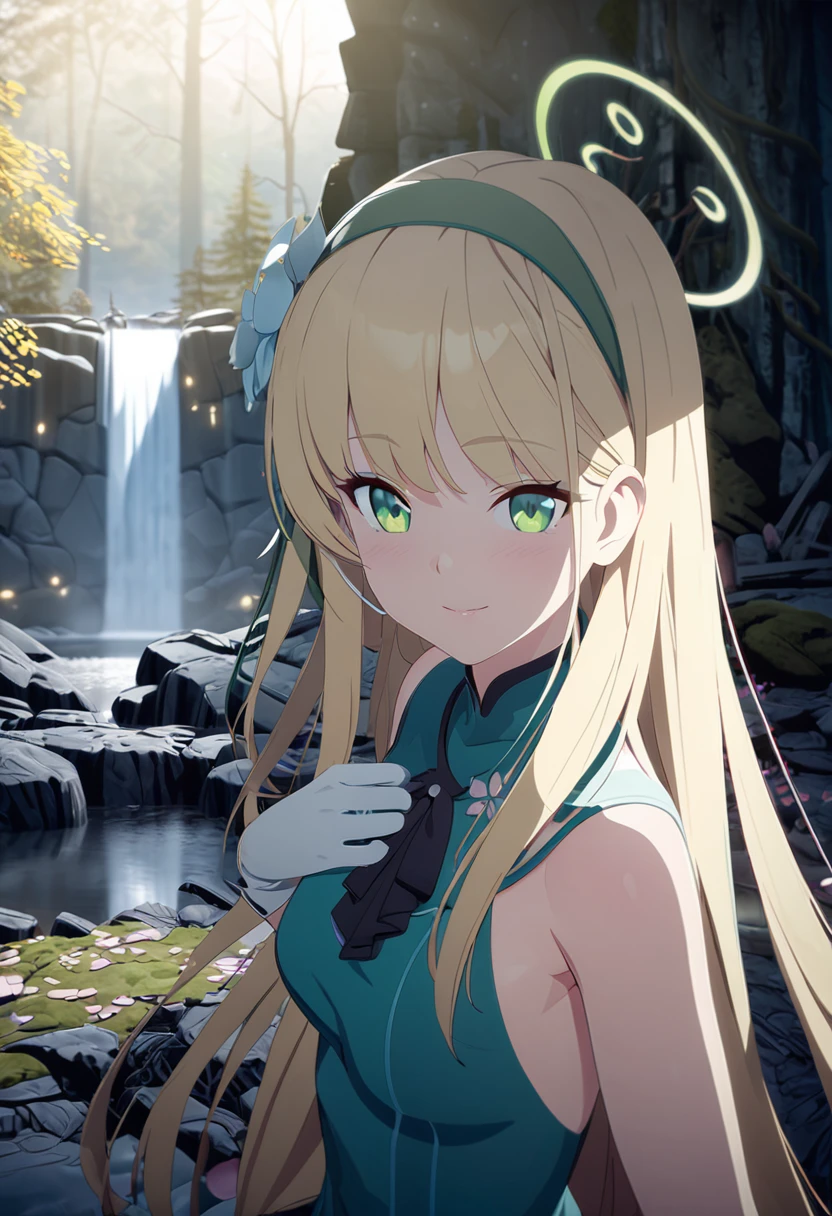 ((masterpiece)),(highres:1.1),4k , 8k,HD,(ultra detailed),vivid colors,lights, sharp focus,ray tracing, HDR, ,perfect lighting,best quality, depth of field,looking at viewer,bright,shiny skin, (lights:0.8), 3d,lighting, glistening shiny, glowing light, verinadef, blonde hair, hair ornament, gloves, dress, bare shoulders, very long hair, upper body, sleeveless, white gloves, hair flower, sleeveless dress, green dress, green hairband, cherry blossoms, forest, ruins, moss, mist, plants, lake, dark, waterfall, fireflies, smile,