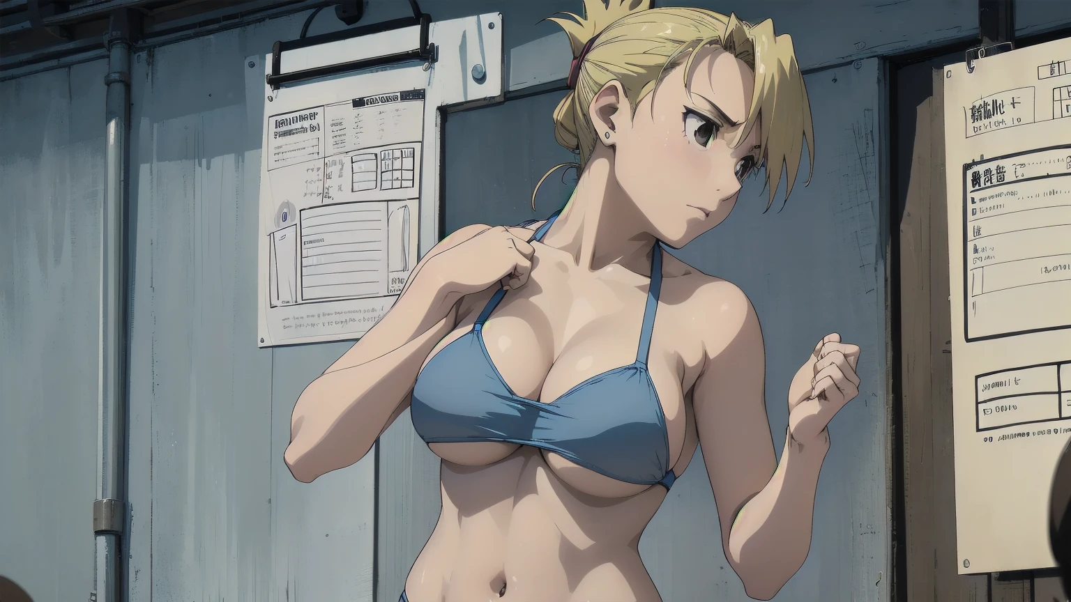 masterpiece, Highest quality, High resolution, One Girl, Hamriz, ponytail, Brown eyes,big , Micro Bikini、Beach,Outdoor、Cowboy Shot、blush、Sweat、Composition from the front、anime、(((Light blue bikini、Stand in front、audience、Expressionless、Big Boobs、Facing forward)))、 (((detailed character sheet, frontal view, side view, three quarter view)))