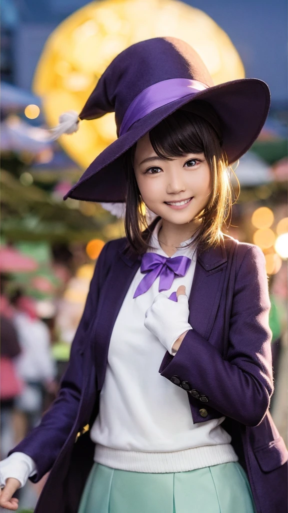 masterpiece, Highest quality, Mouse Egret, Purple hat, Hair Clip, Green ribbon, Purple Jacket, White gloves, belt, Purple Mini Skirt, Upper Body, blush, smile, View your viewers, Beach, night, moon, firework, Place your hand on your chest