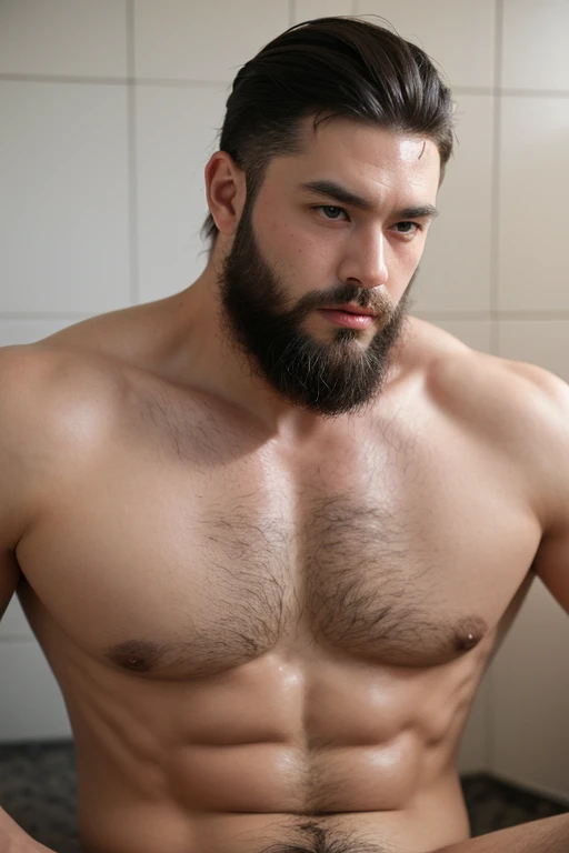 ((best quality)), ((masterpiece)), (detailed), perfect big detailed hairy plump muscle man in bath , beard, dark skin color, skinhead, Japanese men,
