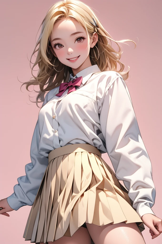 high resolution,smile,happy,light smile,woman,woman1人,adult,Clear,cute,
Blonde Hair,BREAK, Brown eyes,BREAK,
high school girl,uniform,White Y-shirt,Long sleeve Y-shirt,BREAK,
Navy colored skirt,Pleated skirt,BREAK,hairpin,
Facing forward,BREAK,Pink background,