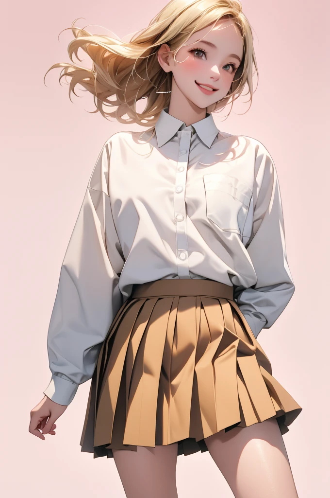 high resolution,smile,happy,light smile,woman,woman1人,adult,Clear,cute,
Blonde Hair,BREAK, Brown eyes,BREAK,
high school girl,uniform,White Y-shirt,Long sleeve Y-shirt,BREAK,
Navy colored skirt,Pleated skirt,BREAK,hairpin,
Facing forward,BREAK,Pink background,