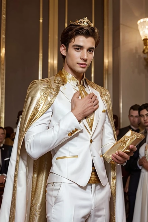 Young cute handsome man attends mister of beauty beautiful face skinny white suit and gold cape winner of crown the public applauds him and celebrates they give him a gift