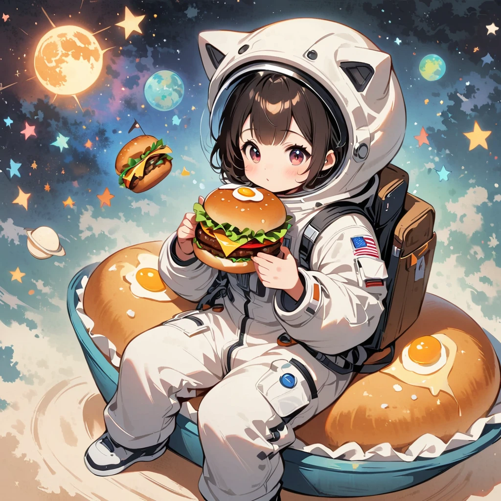 Astronaut sitting on a fried egg In space holding a hamburger Surrounded by the Milky Way. Lovely.