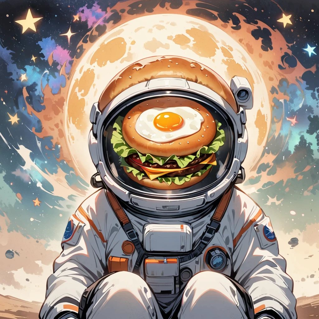 Astronaut sitting on a fried egg In space holding a hamburger Surrounded by the Milky Way. Lovely.