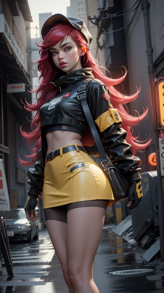 unreal engine:1.4, CG ultra realistic 64K, photorealistic:1.4, skin texture:1.4, masterpiece:1.4, 1 beautiful woman, long hair, red hat, short yellow cyberpunk style clothing, pantyhose, blue mini skirt, dramatic lighting, complex detailed background, cinematic composition, hyper realistic, ultra detailed, vibrant colors, dramatic atmosphere
