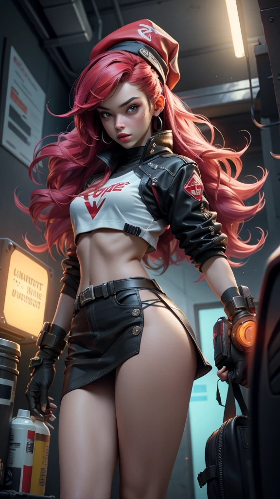 unreal engine:1.4, CG ultra realistic 64K, photorealistic:1.4, skin texture:1.4, masterpiece:1.4, 1 beautiful woman, long hair, red hat, short yellow cyberpunk style clothing, pantyhose, blue mini skirt, dramatic lighting, complex detailed background, cinematic composition, hyper realistic, ultra detailed, vibrant colors, dramatic atmosphere