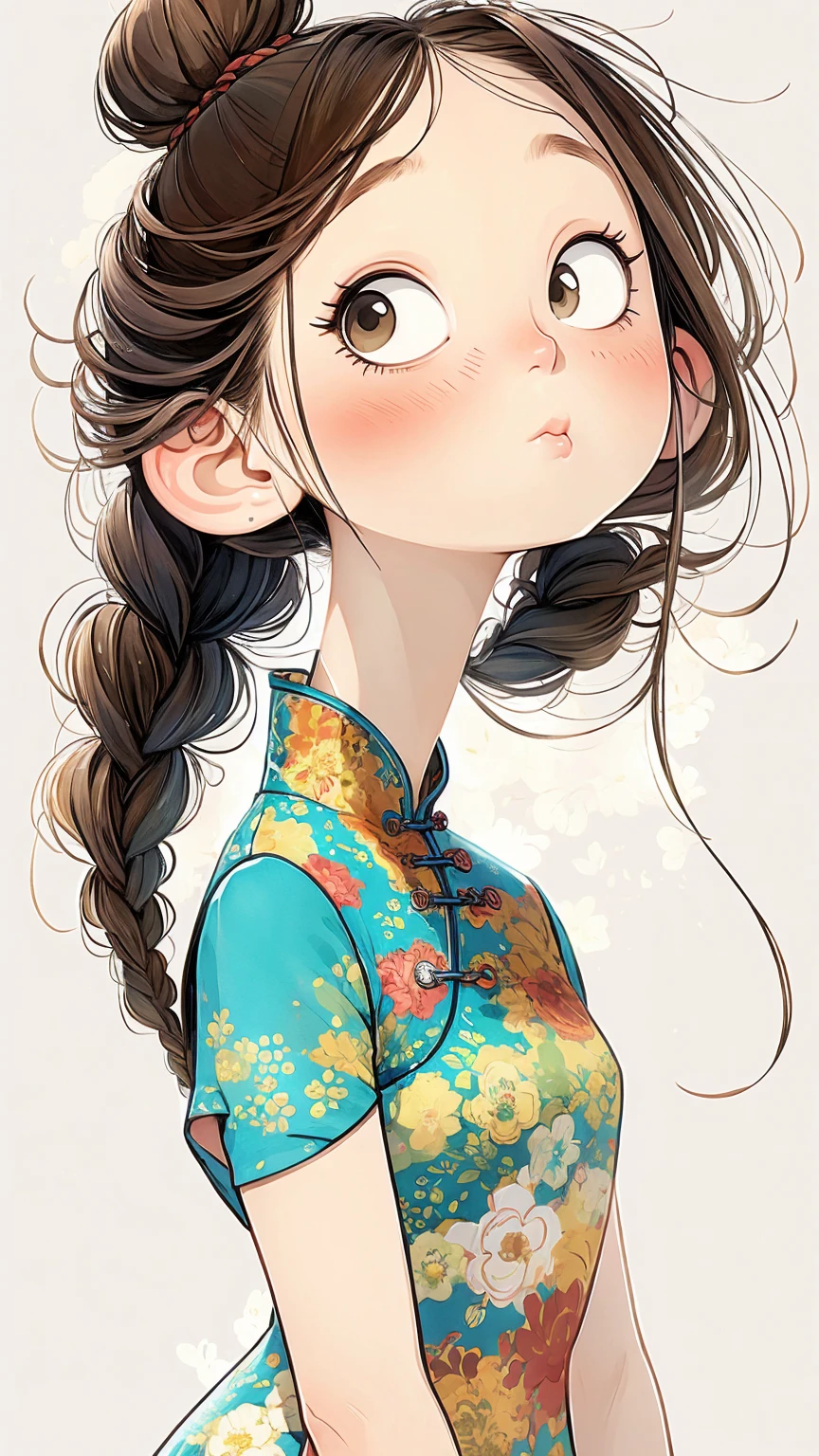 (masterpiece, best quality:1.2), watercolor painting,cartoonish character design。1 girl, alone,big eyes,Cute expression,Two little braids,cheongsam,portrait,interesting,interesting,clean lines,Leave blank,