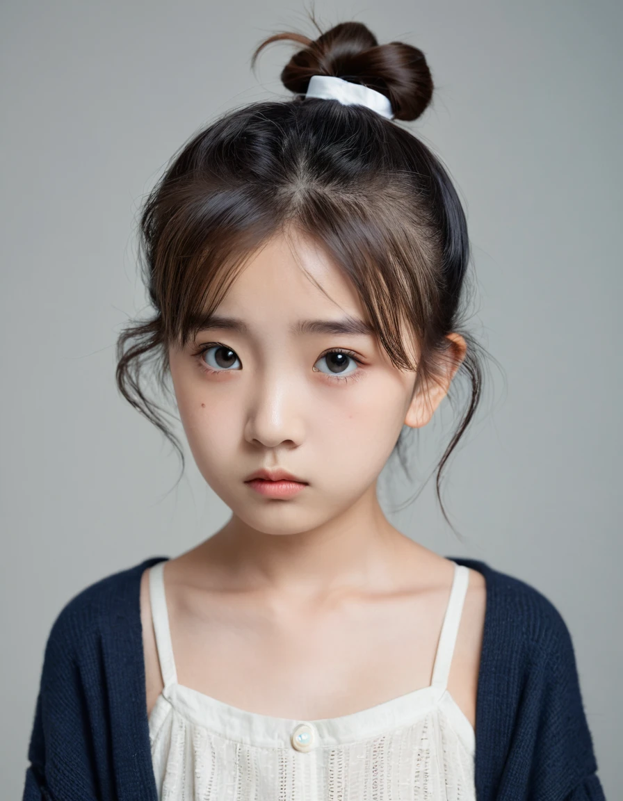 solo, High resolution, Gaze, Bun Hair, Half-up hairstyle, Bun Hair, Small breasts, Slanted Eyes, Brooding face, Expressionless, Empty look, Bad mood, One girl, , small chest, single eyelids, small eyes, korean girl