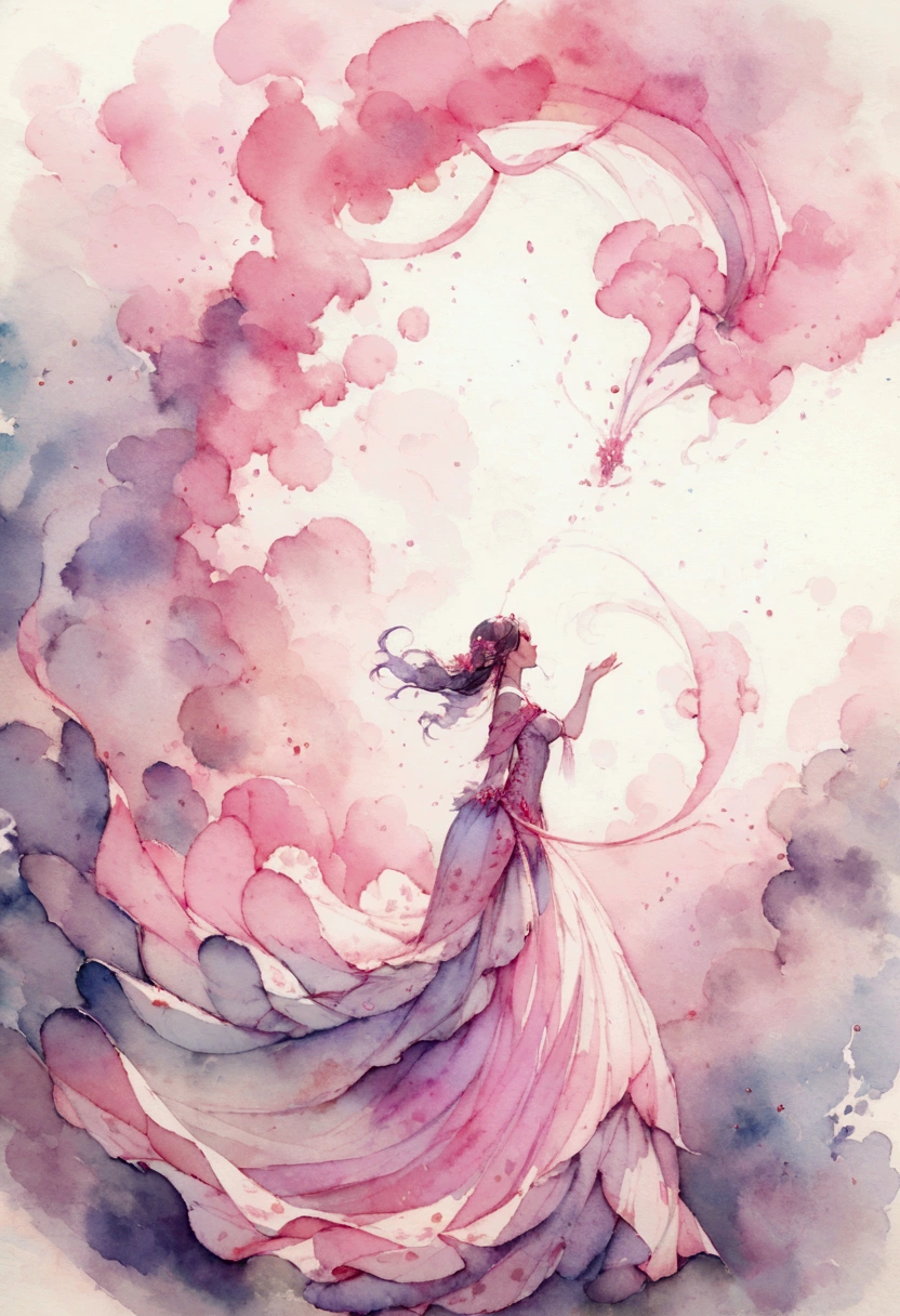 A large spring of pink water. Fantasy. Watercolor painting.