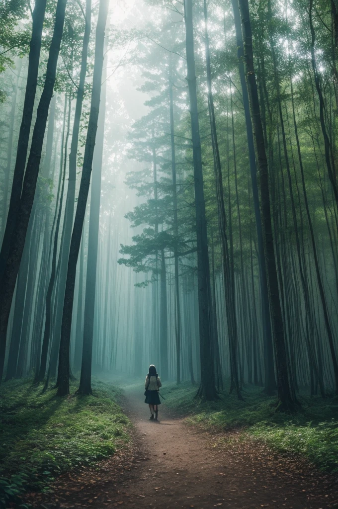 A woman walks through a forest, guided by a glowing mist. The forest turns into a maze of branches and roots, symbolizing the subconscious mind. cinemátic, photography, realisitic.