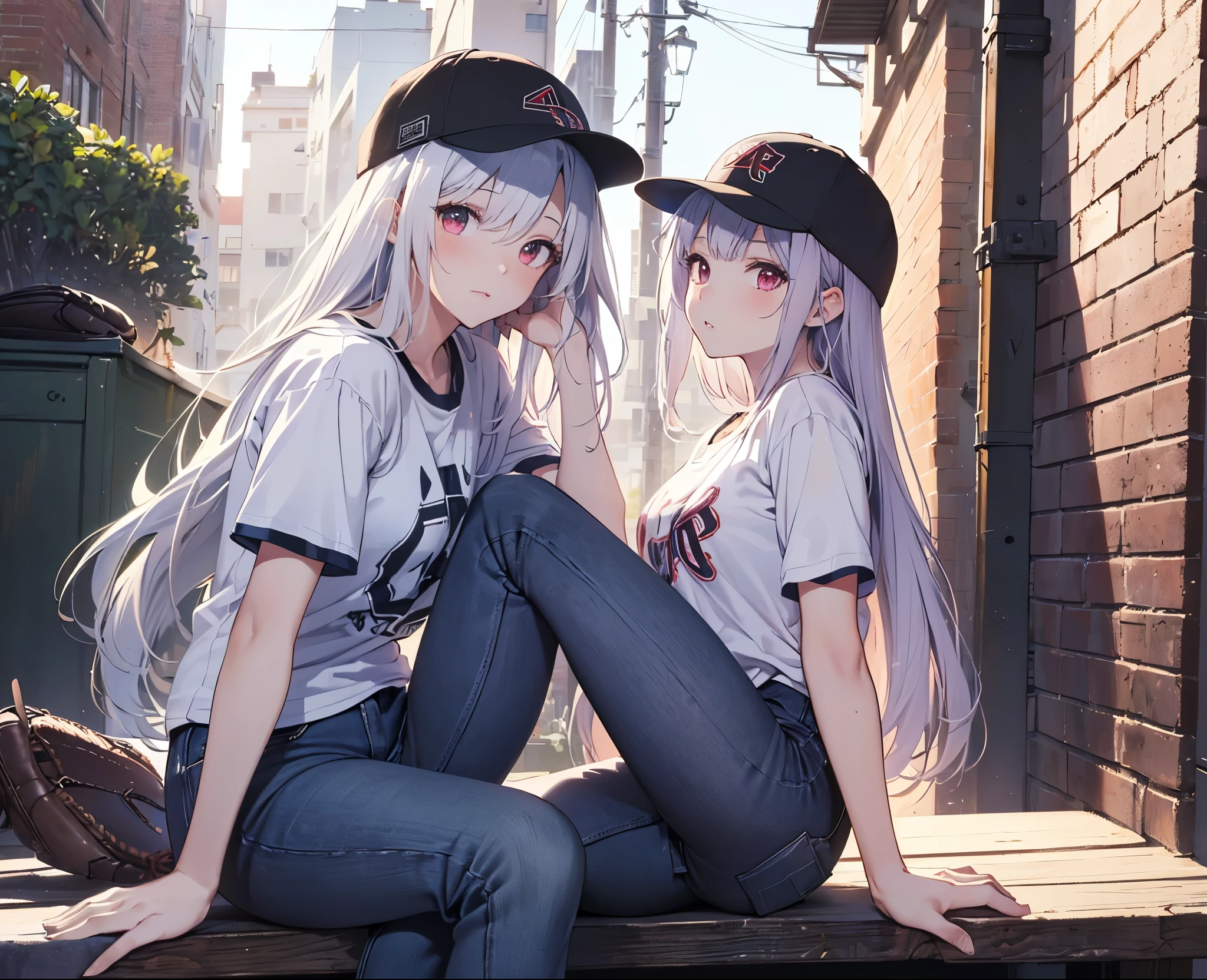 (Close-up:1.3),Realistic,Highest quality, Super detailed, High-quality CG rendering, The most delicate and beautiful, Floating softly, High resolution, (1 girl), (Highest quality,4K,8k,masterpiece:1.2), Light purple hair,(quite long hair:1.5),Red eyes,(Pure white oversized short sleeve T-shirt:1.3),(Black skinny jeans:1.3),(Pure white baseball cap:1.3),In the city,old buildings,Narrow back alley,bench,(benchに座っている:1.3)