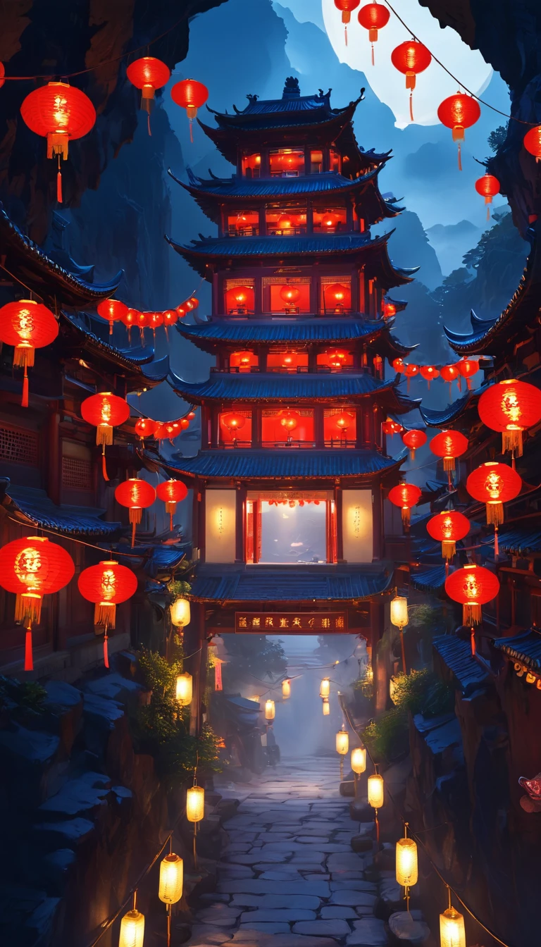 Mysterious Town、Lots of red lanterns、Soup house、The enchanting atmosphere of the night、Gorgeous white-like building
