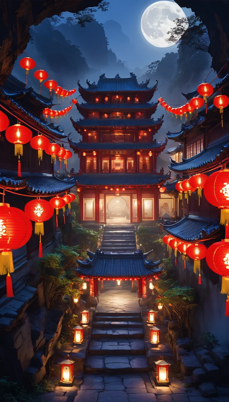 Mysterious Town、Lots of red lanterns、Soup house、The enchanting atmosphere of the night、Gorgeous white-like building