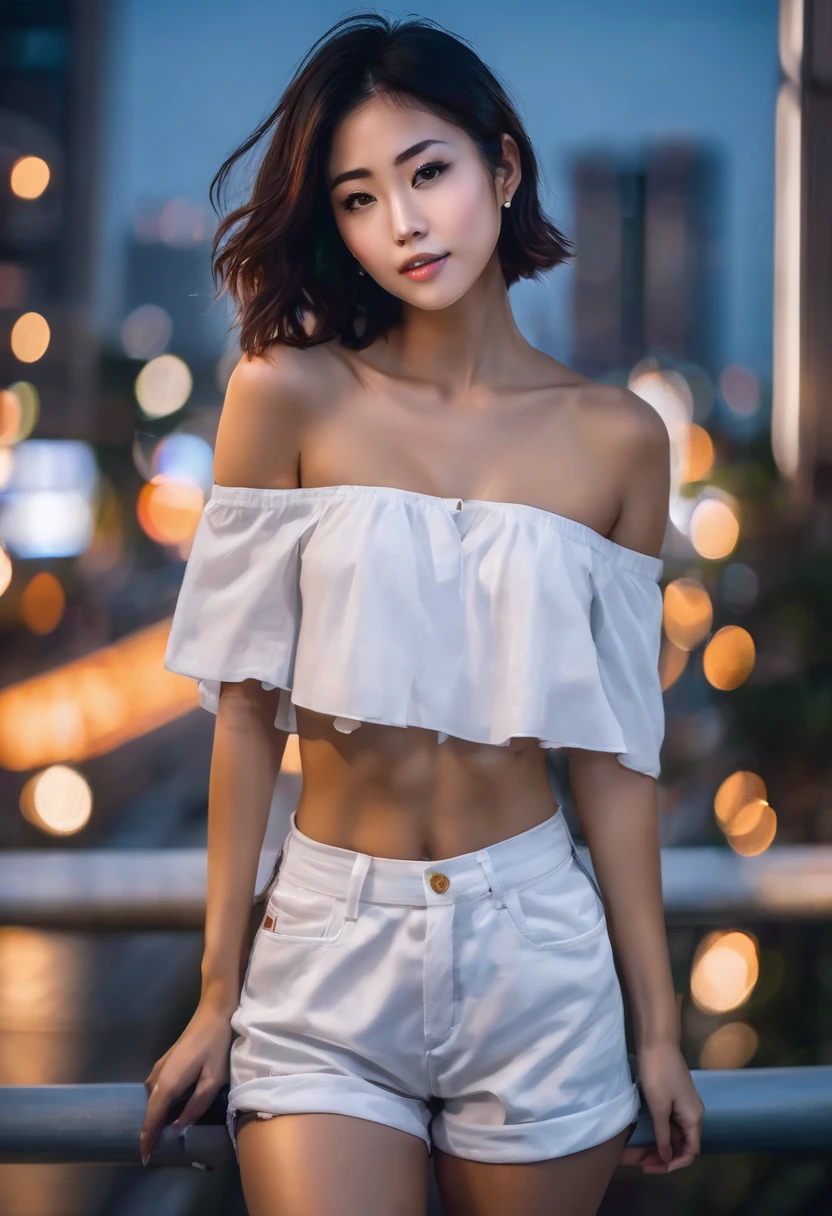 Japanese beauty, model girl, beauty eye, short wavy hair, perfect abs, medium breast, showing her cleavage, wear oversize white shirt, off shoulder, perfect ???????, black shorts, bokeh background, night city, ootd casual clothe, photography by Greg Rutkowski