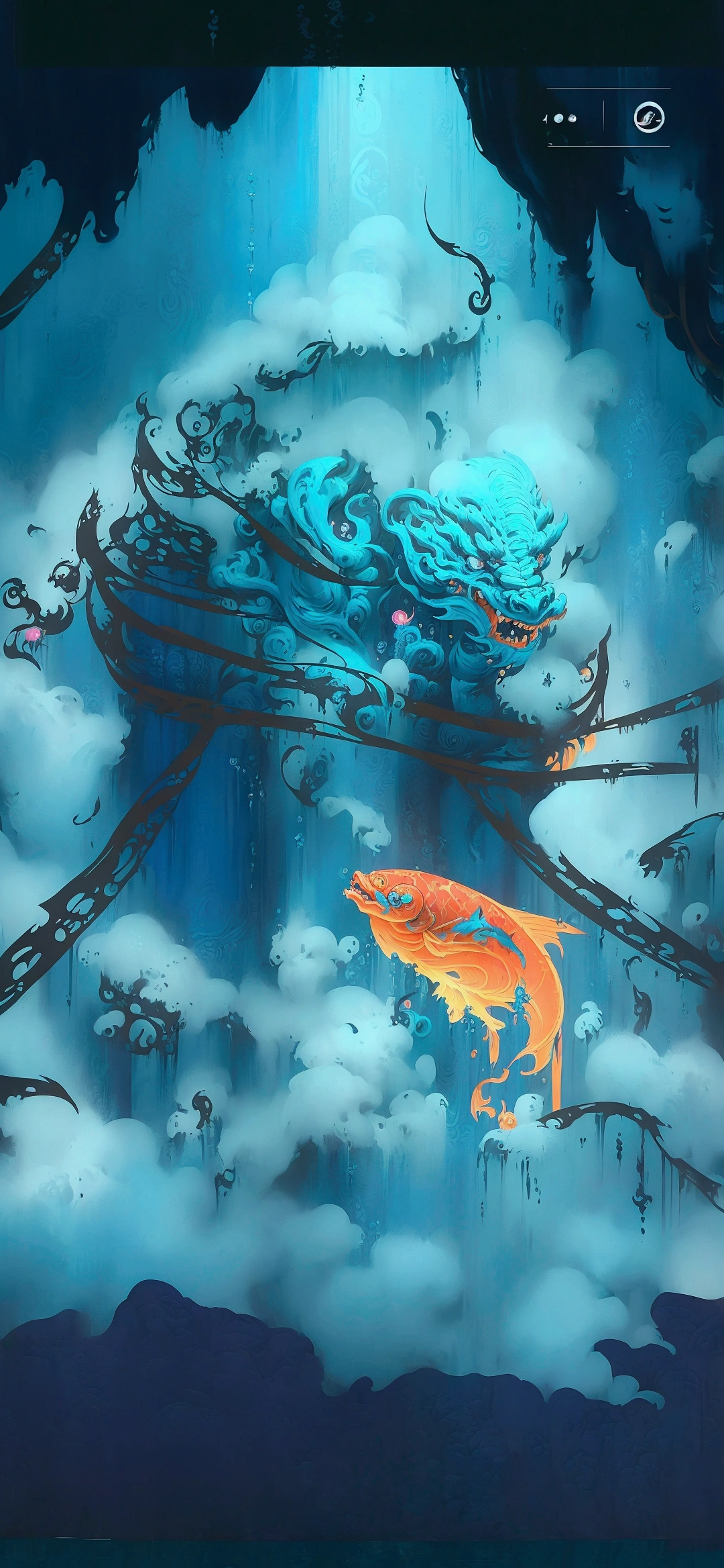 There is a fish swimming in the water, Undersea Temple with fish, Undersea Temple, Water Temple, Inspired by Li Kan, World of Warcraft art style, G Liulian art style, underWater Temple, League of Legends art style, Draw as game concept art, stylized concept art, Background artwork, Onmyoji detailed art, game illustration