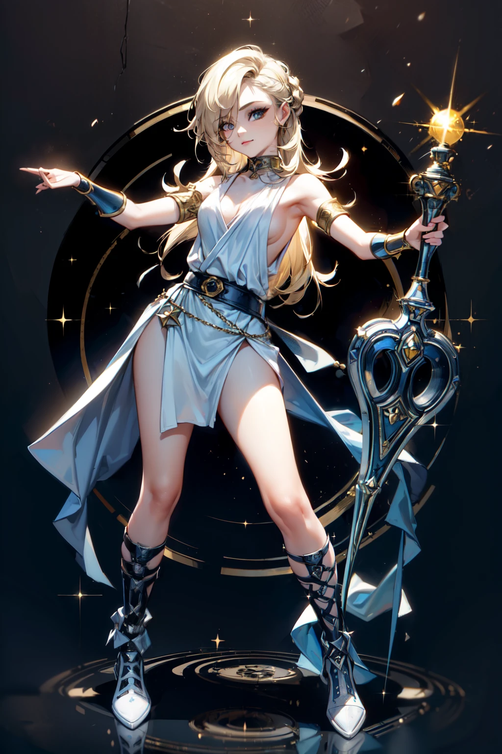 (masterpiece, best quality:1.2), perfect eyes, perfect face, ultra detailed face , strong make up, highres, 1 girl, solo, make up, (female:1.5),satin, white anciente greek clothes, sleeveless turtleneck, bracer, evil smile, standing, portrait, looking at viewer, giant sword on the back, long leather boots, fullbody shot