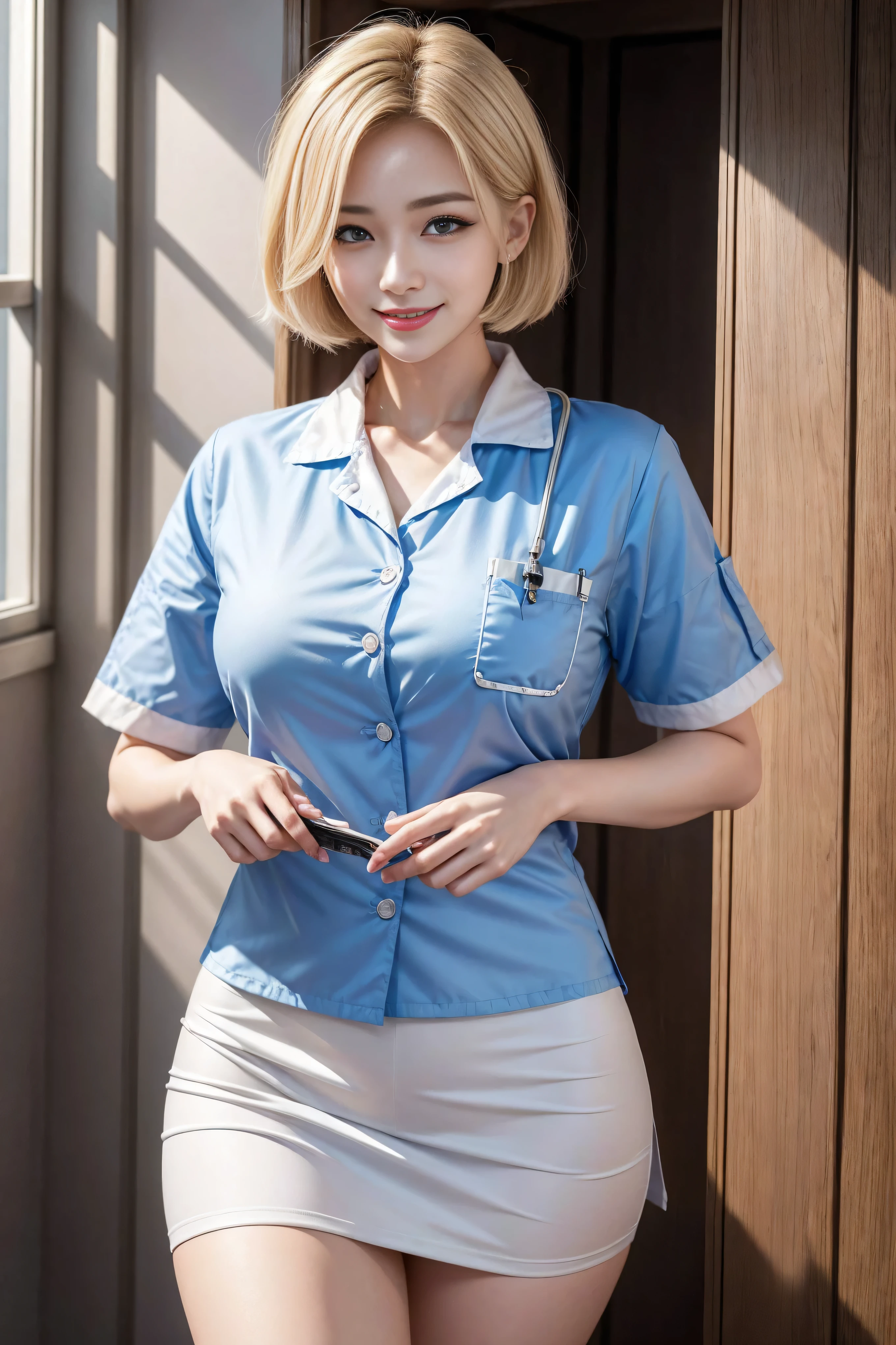 (3 Ultimate Beauty Nurse)、{{{masterpiece}}}, {oh oh oh, Oh, really:1.2}, best quality, Official Art, Highly detailed CG Unity 8k wallpaper, Very rich facial details、Delicate lips、Delicate eyes、Double eyelids、((Blonde Bob hair))、(Nurse:1.3)、(Attractive figure)、(huge)、((Open mouth smile: 1.8, Lovely smile: 1.8)), 独奏, Short hair details, Energetic smile, Blue eyes,With eyes_Ashes, {Beautiful detailed gradient eyes}, Red lips,thigh, thigh, thigh, Perfect fit, Perfect image reality, Background and: (Hospital Ward:1.2), Cow Boy Shooting, Detailed background, Detailed clothing, Wearing a nurse hat,Wearing nurse uniform,Perfect lighting、surreal、(Reality:1.4)、8K maximum resolution, (masterpiece), Very detailed content, professional,