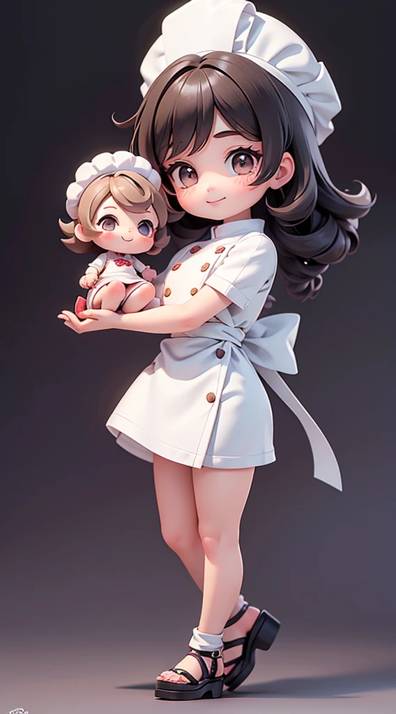Theme: cute pastry chef,Make a series of adorable baby chibi style african dolls, Each one is rich in details,Resolution reaches 8K. All dolls should follow the same solid background pattern,And complete in the image, show (whole body, Including legs: 1.5)
Mini chef doll: Call her Marina. She must have short dark brown hair. Your eyes should be large and expressive, With long eyelashes and rosy cheeks. The smile is delicate and fair. Sophie must wear a chef's uniform, Striped pants and a fancy chef hat. She must have a chocolate Commodore in her hand. Certifique-se de adicionar detalhes nas clothing, Such as buttons and pockets, Beautiful shoes must be shaded, Hair texture and details, clothing, Candy utensils, Make them more lovely and charming.