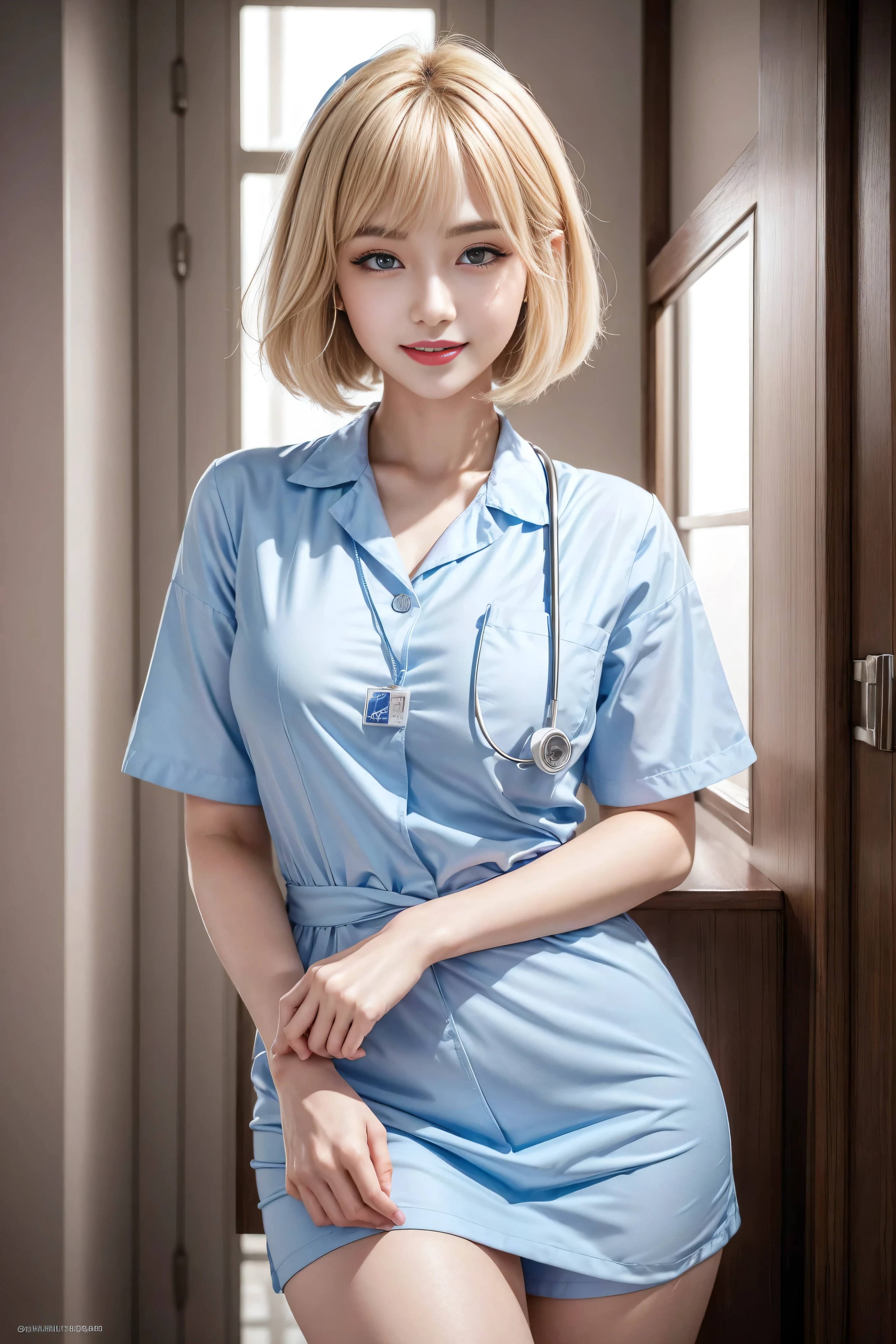 (3 Ultimate Beauty Nurse)、{{{masterpiece}}}， {oh oh oh, Oh, really：1.2}， best quality， Official Art， Highly detailed CG Unity 8k wallpaper， Very rich facial details、Delicate lips、Delicate eyes、Double eyelids、((Blonde Bob hair))、(Nurse:1.3)、(Attractive figure)、(huge)、（（Open mouth smile： 1.8， Lovely smile： 1.8））， 独奏， Short hair details， Energetic smile， Blue eyes，With eyes_Ashes， {Beautiful detailed gradient eyes}， Red lips，thigh, thigh, thigh, Perfect fit, Perfect image reality, Background and: (Hospital Ward:1.2), Cow Boy Shooting, Detailed background, Detailed clothing, Wearing a nurse hat，Wearing nurse uniform，Perfect lighting、surreal、(Reality:1.4)、8K maximum resolution, (masterpiece), Very detailed content, professional，