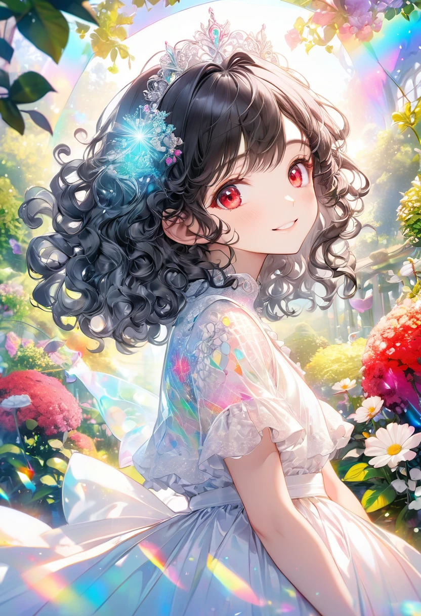 (Pastel color art style) (double exposure pastel color), (solo:2, 15 yo) (beautiful detailed curly:1.3) (beautiful pastel black hair long hair) (immensely beautiful girl) (detailed cute red eyes) (best smile), in a PAS color white princess dress with double exposure Prism Light, break, in the beautiful detailed garden, BREAK, perfect anatomy, masterpiece, best quality, 16k, beautiful detailed grow, daydreaming expression.