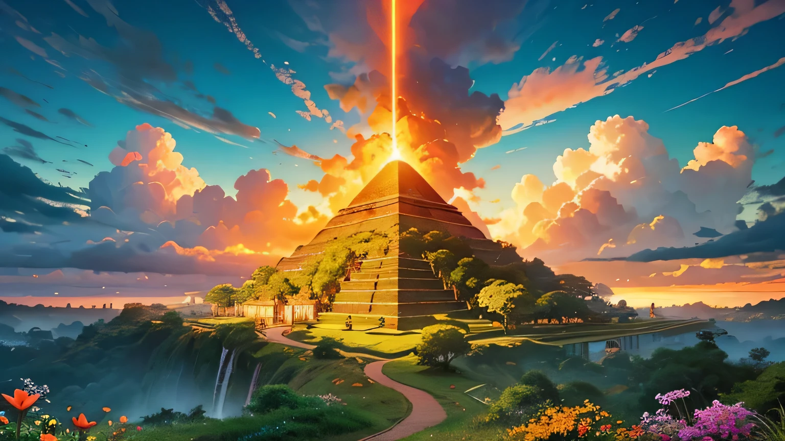 A stunning colorful Alice in Wonderland-like background. The sky is very dynamic and glowing with dramatic, fiery, detailed clouds in shades of orange and yellow, casting a warm glow over the lush, colorful jungle foliage. A winding path leads through the wildflower field towards a Mayan pyramid, creating a serene and inviting atmosphere. anime, 4k, crystal clear.