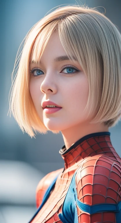 (One girl: 1.3), alone, beautiful face, (((extremely Detailed face))),(((extremely Detailed face and eyes)),beautiful detailed eyes, Body parts__, Official Art, 8k unified wallpaper, Very detailedな, beautiful and aesthetic, beautiful, masterpiece, 最high quality, born, masterpiece, Ultra-thin photo, 最high quality, Ultra-high resolution, photorealistic realism, sunlight, Full body portrait, Great beauty, short blonde haircut, Dynamic pose, Delicate face, Bright blue eyes, (from the front), She is wearing a nylon outfit (inspired by Spiderman costume), Cosplay ('/snow/'), red, Transparent white and black color scheme, Top floor of a skyscraper, Very detailed, Detailed face, Detailed, intricate and busy background, Messy, beautiful, milky, Very detailedな肌, Realistic skin detail, Visible pores, Sharp focus, Volume Mist, 8K Ultra HD, Digital SLR, high quality, Film Grain, Fair skin, Photorealism, Lomography, Future dystopian megacity, View from below, translucent