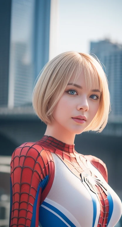 (One girl: 1.3), alone, beautiful face, (((extremely Detailed face))),(((extremely Detailed face and eyes)),beautiful detailed eyes, Body parts__, Official Art, 8k unified wallpaper, Very detailedな, beautiful and aesthetic, beautiful, masterpiece, 最high quality, born, masterpiece, Ultra-thin photo, 最high quality, Ultra-high resolution, photorealistic realism, sunlight, Full body portrait, Great beauty, short blonde haircut, Dynamic pose, Delicate face, Bright blue eyes, (from the front), She is wearing a nylon outfit (inspired by Spiderman costume), Cosplay ('/snow/'), red, Transparent white and black color scheme, Top floor of a skyscraper, Very detailed, Detailed face, Detailed, intricate and busy background, Messy, beautiful, milky, Very detailedな肌, Realistic skin detail, Visible pores, Sharp focus, Volume Mist, 8K Ultra HD, Digital SLR, high quality, Film Grain, Fair skin, Photorealism, Lomography, Future dystopian megacity, View from below, translucent